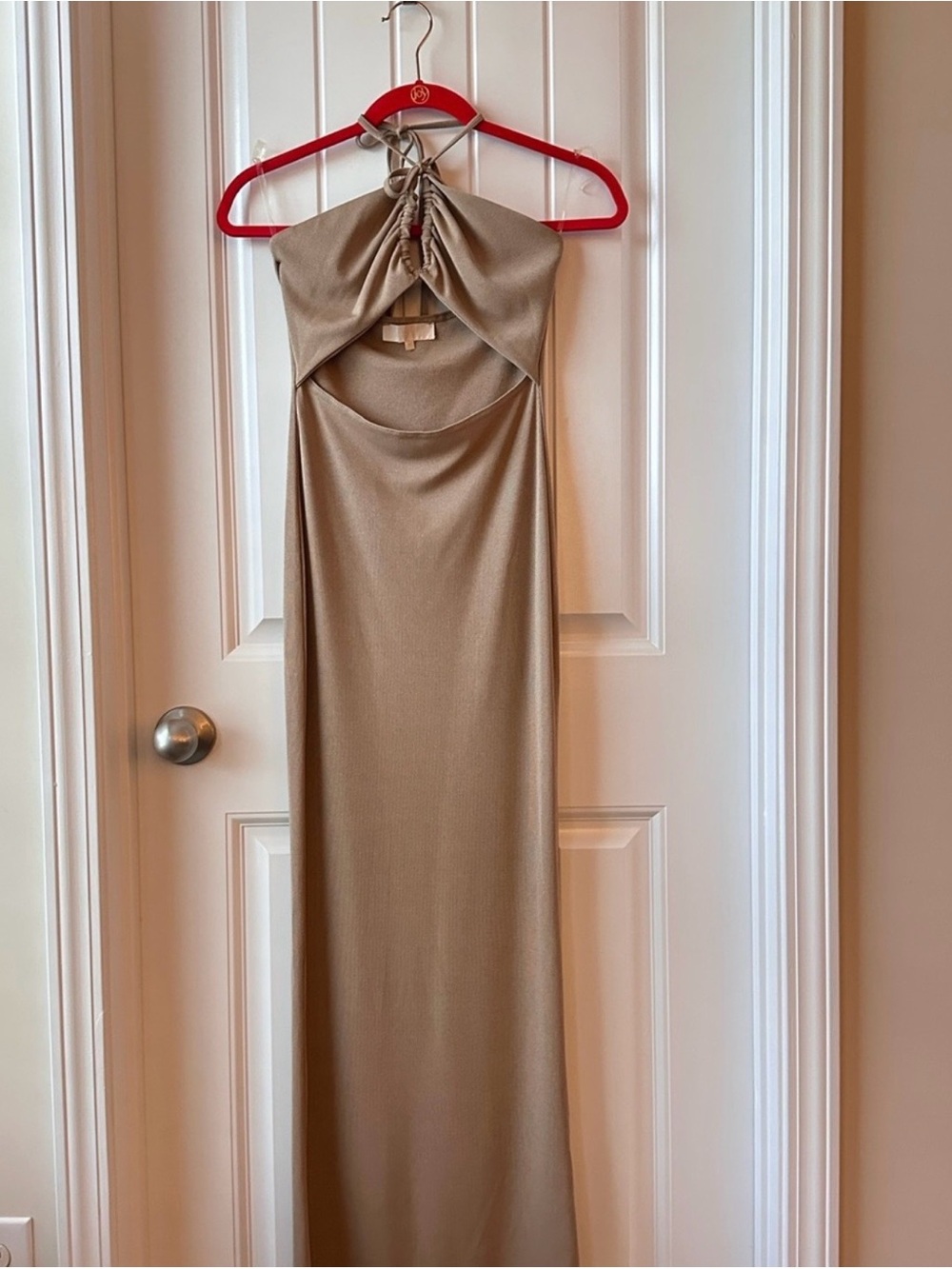 Meshki Camel Halter Cutout Maxi Dress